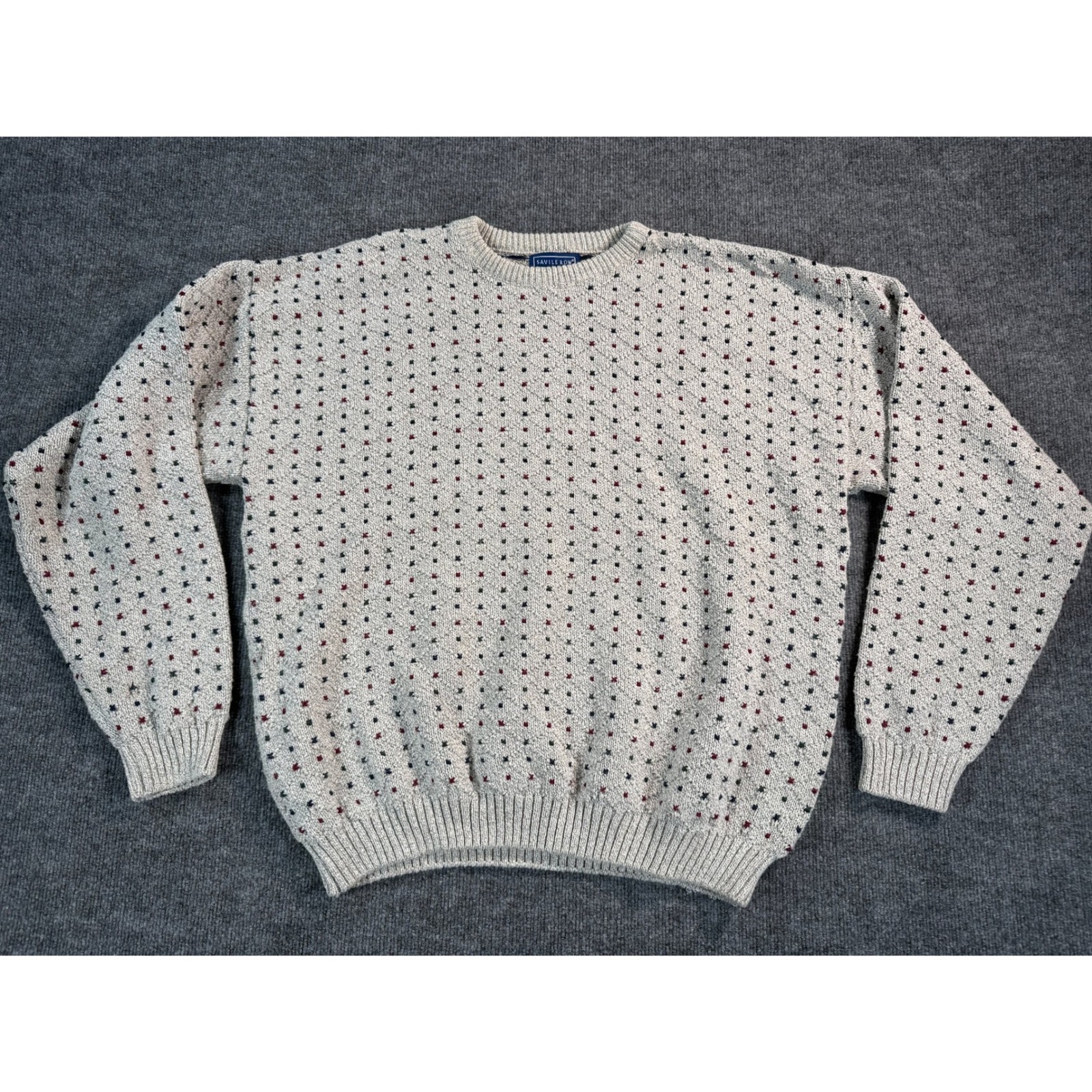 Vintage Savile Row Sweater Mens Xl Tan Geometric Pattern 100% Cotton 3d Crewneck